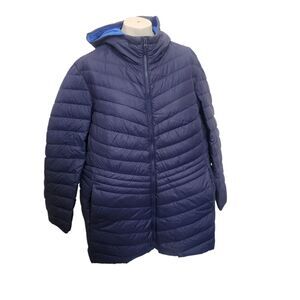 Lands End Down Puffer Jacket Womens 2X Blue Hooded Quilted Coat Plus